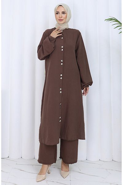 sefamerve Pantaloni tunică cu nasturi lungi Set dublu 2114-06 maro