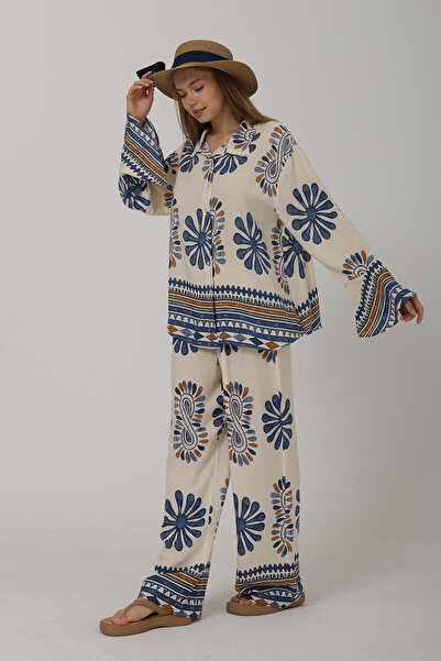 VAGGON Women's Blue Patterned Shirt with Flounce Sleeves and Elastic Waist Trousers Set Vs00589