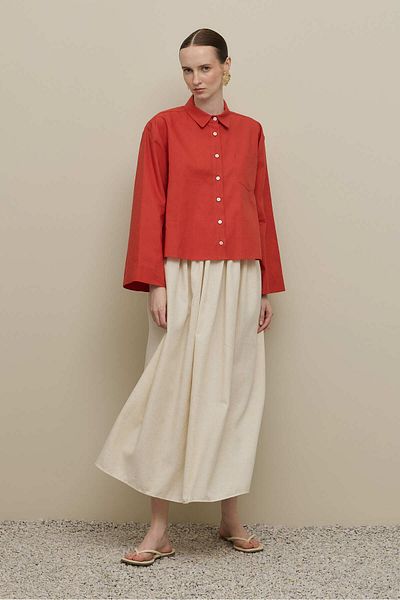 Fahhar Kimono Sleeve Short Linen Shirt Red