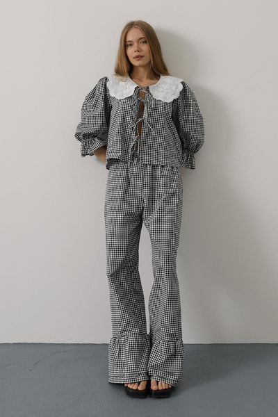 VAGGON Women's Black Lace Collar Square Patterned Suit Vs00596