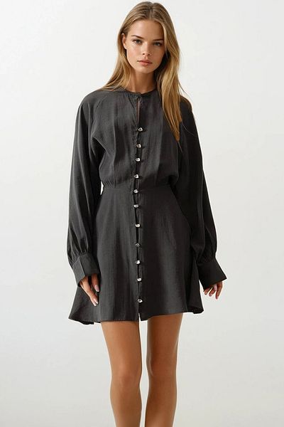 VAGGON Women's Anthracite Button Detailed Balloon Sleeve Mini Dress Vs00468