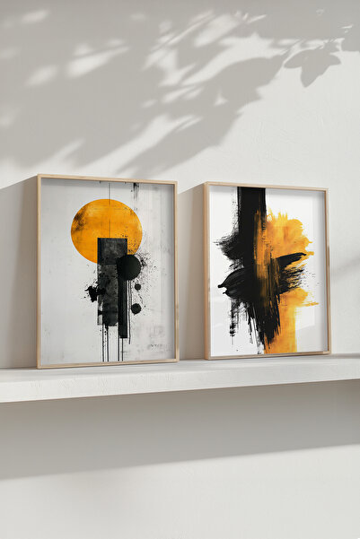 STARYUNA Set de 2 tablouri moderne galben-negru cu rame din lemn Yuna180