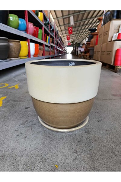 Yades Tabaklı 60 Litre Kahve-Krem Taş Saksı