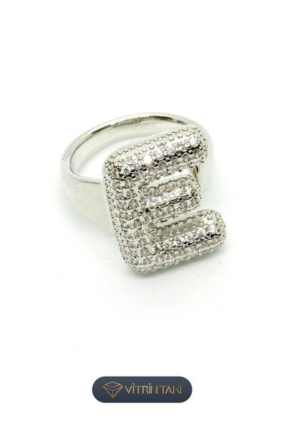 Çelik E Harf Gümüş Renk Vip Ayarlanabilir Yüzük