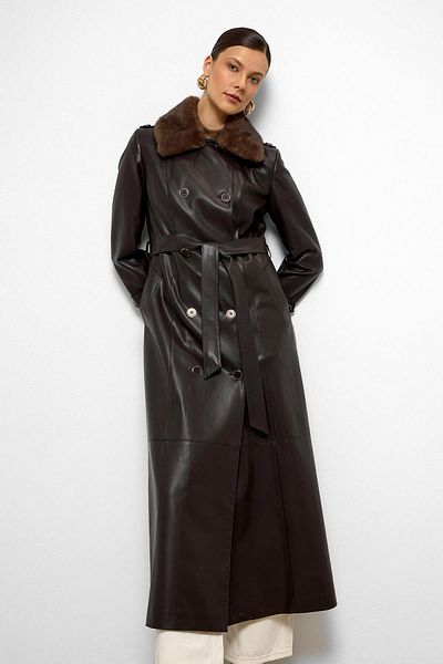 Olcay Double Breasted Leather Look Long Trench Coat with Detachable Fur Collar K. Brown 6676