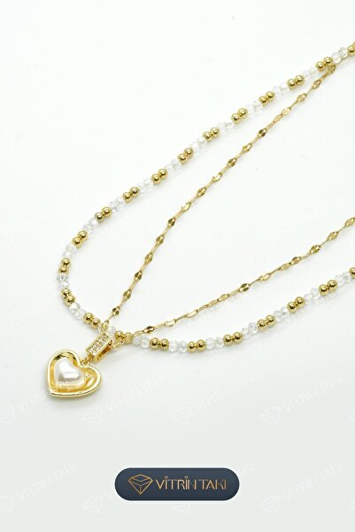 Çelik İnci Detaylı Kalp Figürlü İkili Altın Renk Kolye