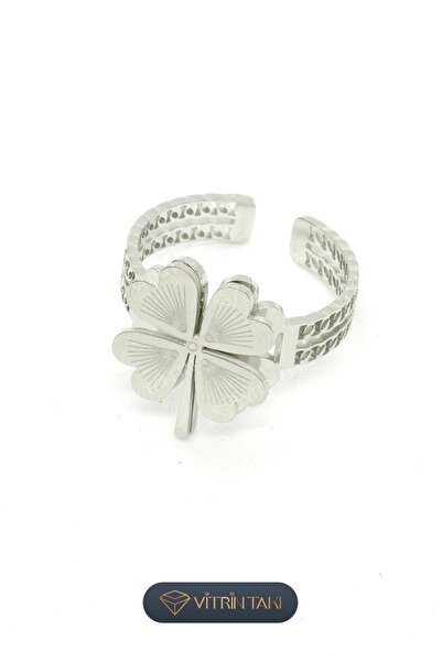 Çelik Yonca Figürlü Gümüş Renk Ayarlanabilir Yüzük