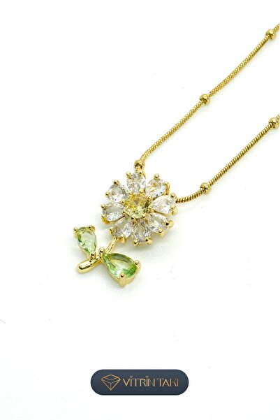 Çelik Çiçek Figürlü Taş Detaylı Altın Renk Kolye