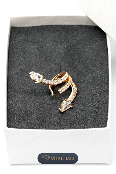 Çelik Taş Detaylı Altın Renk Vip Sıkıştırmalı Kıkırdak Küpe