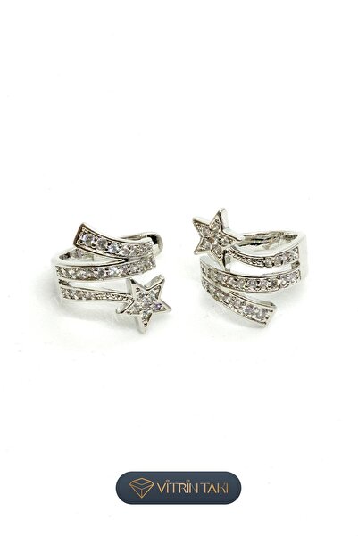 Çelik Yıldız Figürlü Gümüş Renk Vip Sıkıştırmalı Kıkırdak Küpe