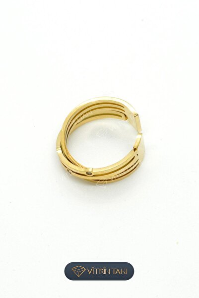 Çelik Taş Detaylı Altın Renk Ayarlanabilir Yüzük