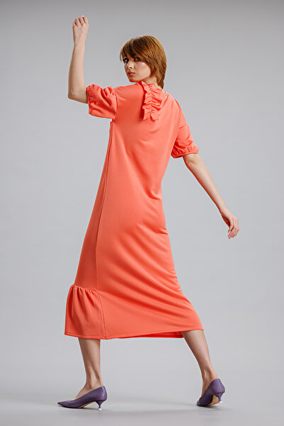 RVL Salmon dress with decorative ruffle appliqué