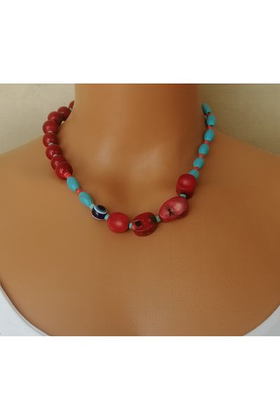 LemaStone Natural Stone Necklace with Coral, Turquoise Turquoise, Ceyt and Amulets