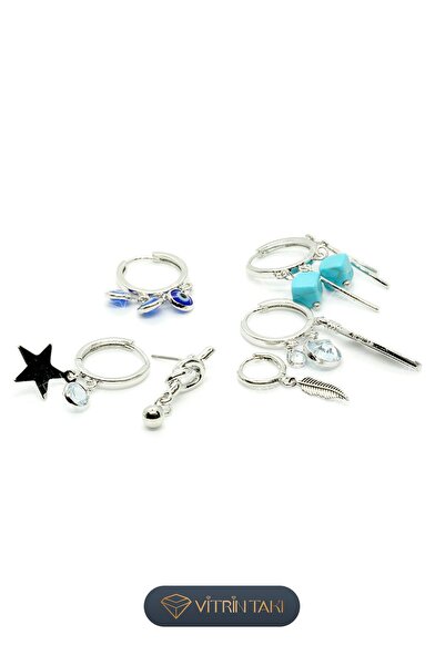 Çelik Karışık Figürlü Gümüş Renk 6'lı Küpe Set