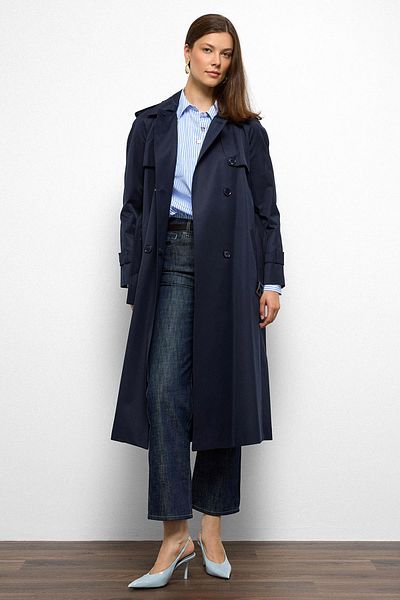 Olcay Reglan Sleeve Water Repellent Trench Coat with Epaulet and Cape Detail Navy Blue 6766
