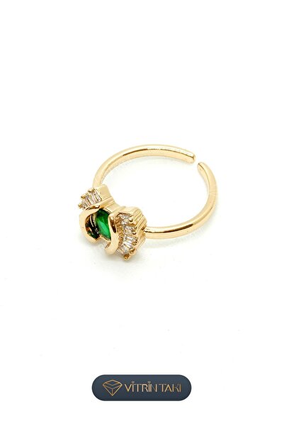 Çelik Yeşil Taş Detaylı Altın Renk Vip Ayarlanabilir Yüzük