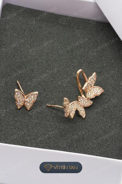 Çelik Kelebek Figürlü Altın Renk Vip Sıkıştırmalı Kıkırdak Küpe