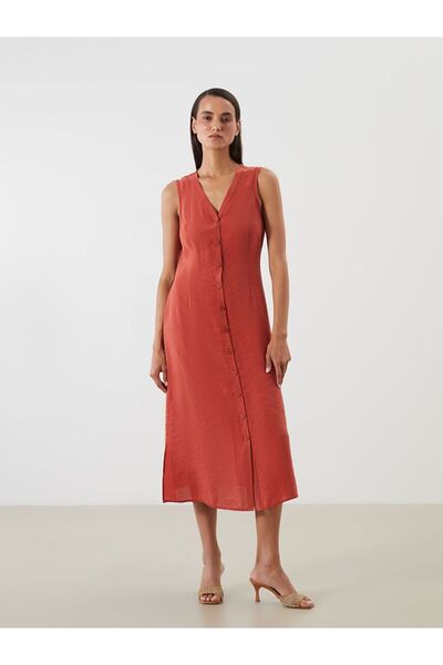 LC Waikiki Lcwaikiki Classic Orange V-Neck A-Line Modal Blend Dress