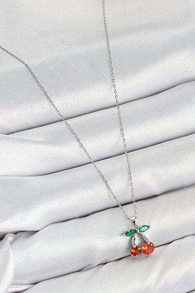 BSRE Brass Zircon Stone Cherry Women's Necklace (Silver Color)