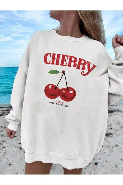 MOONBULL Women's Cherry Cherry Printed Oversize Crew Neck Sweatshirt