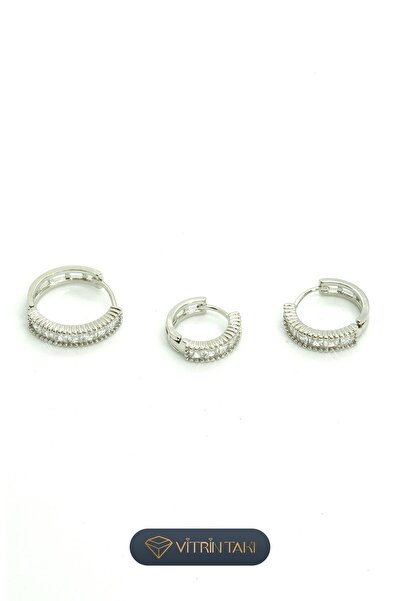 Çelik Taş Detaylı Gümüş Renk 3'lü Küpe Set