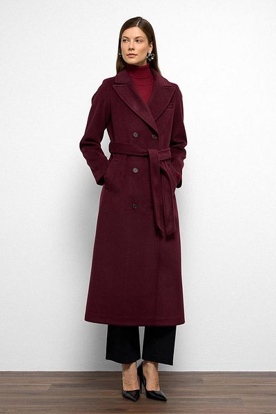 Olcay Jacket Collar Double Breasted Medium Coat Mürdüm 3094