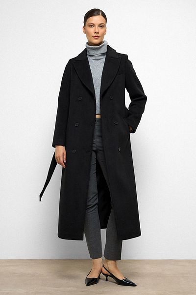 Olcay Jacket Collar Double Breasted Medium Coat Black 3094