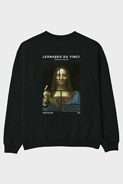 Ankhises سويت شيرت سلفادور موندي أسود كبير الحجم مطبوع من الخلف للرجال والنسا...