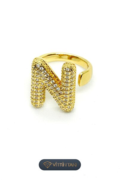 Çelik N Harf Altın Renk Vip Ayarlanabilir Yüzük