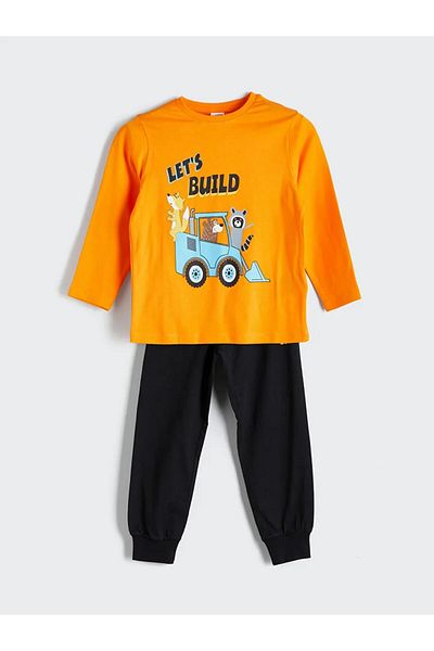 LC Waikiki مجموعة بيجامات للأولاد من LCW Kids باللون البرتقالي بأكمام طويلة مطبوع