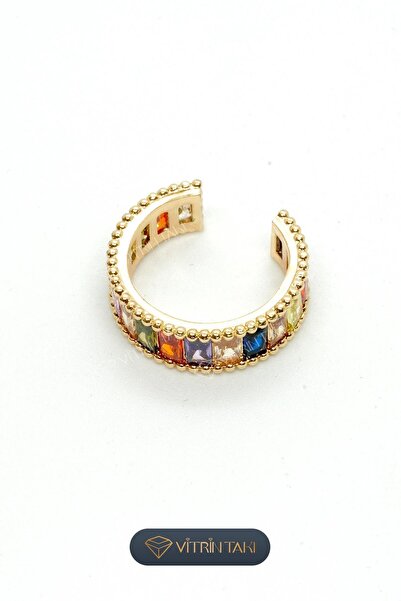 Çelik Karışık Renk Taş Detaylı Altın Renk Vip Ayarlanabilir Yüzük
