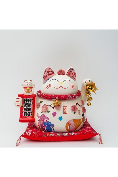 MOBI Lucky Decorative Cat with Red Lantern and Golden Bells, 20x15cm