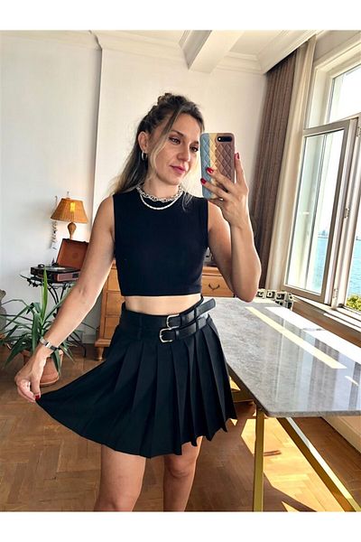 Gözde Tasarım Butik Women's Black Color Pleated Double Belt Short Skirt