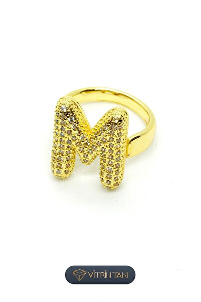 Çelik M Harf Altın Renk Vip Ayarlanabilir Yüzük