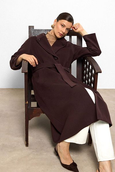 Olcay Punto Stitch Detailed Back Pleated Medium Length Cashmere Coat K. Brown 3113