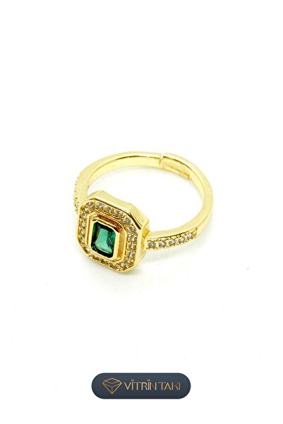 Çelik Yeşil Taş Detaylı Altın Renk Vip Ayarlanabilir Yüzük