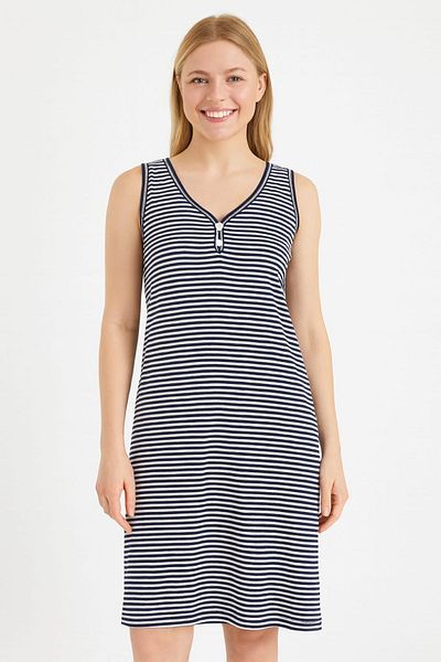 enmodaiçgiyim 100% Cotton Navy Blue White Striped Zero Sleeve Oversize Knee-Length Women's Dress
