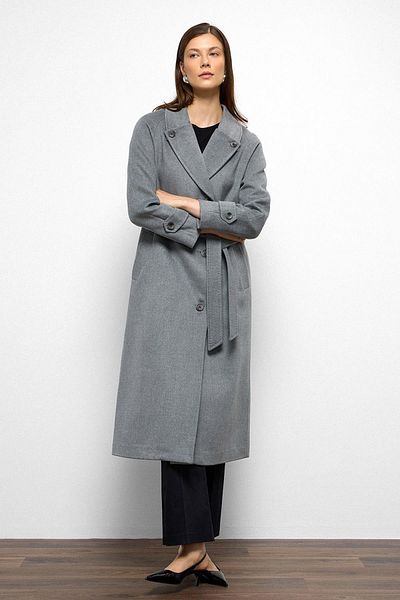 Olcay Punto Stitch Detailed Back Pleated Medium Length Cashmere Coat Dark Gray 3113