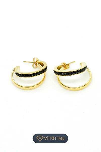 Çelik Siyah Taş Detaylı Altın Renk Küpe