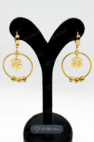 Çelik Yonca Figürlü Altın Renk Küpe