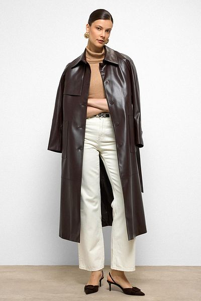 Olcay Shirt Collar Raglan Sleeve Cape and Bag Pocket Detail Leather Trench Coat K. Brown 6760