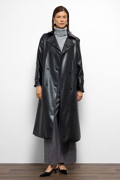 Olcay Epaulet Detailed Double Breasted Leather Trench Coat Black 6756