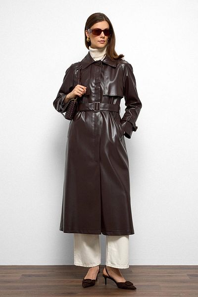 Olcay Raglan Sleeve Cape and Punto Stitch Detail Leather Trench Coat K. Coffee 6754
