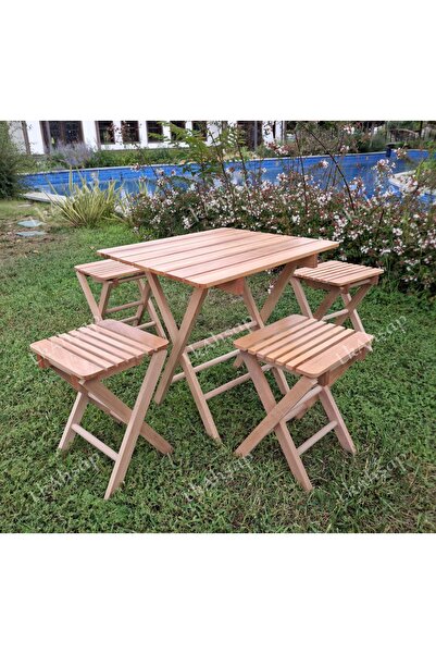 LkAhşap Katlanır Kamp Piknik Ahşap 4 Tabureli Masa Seti Gürgen(Kayın) Ağacı 55*56 H56 Masa