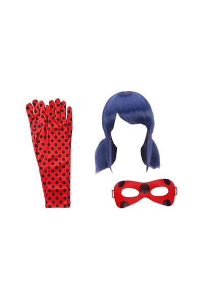 Depox Set costum Miraculous Ladybug pentru copii - salopetă roșie, cu mască, perucă și mănuși, mărimea 100–110 cm
