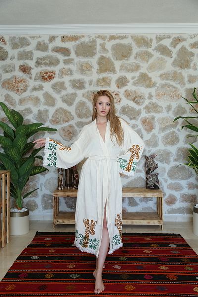 Befera Design Muslin Kimono 100% Cotton Giraffe Printed Patterned Bathrobe Kaftan Dressing Gown