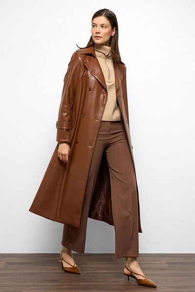 Olcay Epaulet Detailed Double Breasted Leather Trench Coat Taba 6756