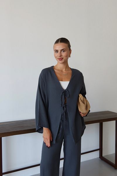 Patreon Women's 100% Cotton Muslin Lace-Up Anthracite Kimono