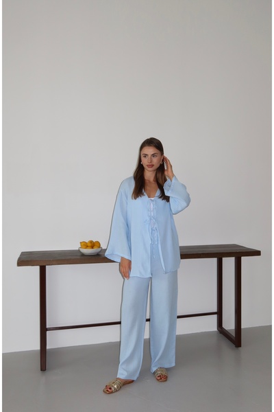 Patreon Kimono de damă 100% bumbac muselină cu șireturi Baby Blue