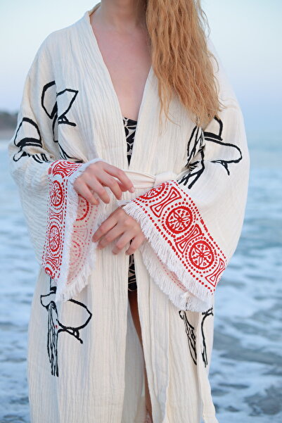 Befera Design Muslin Kimono 100% Cotton Hat Women's Printed Patterned Bathrobe Kaftan Dressing Gown